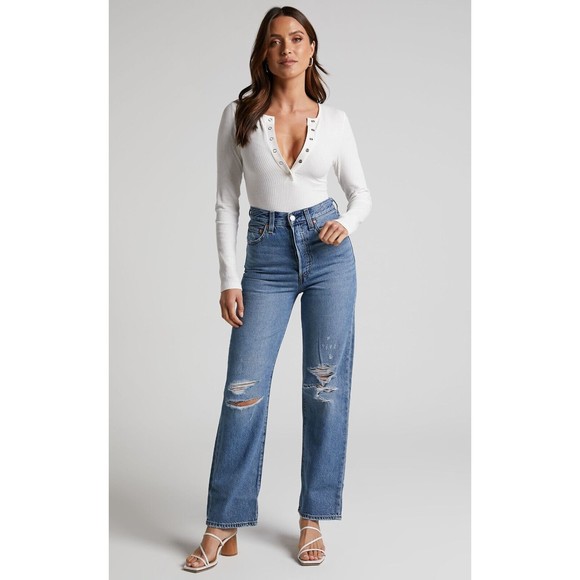 Levis Premium Women Denim Jean Ribcage Straight Ankle Blue High Rise Wide Leg